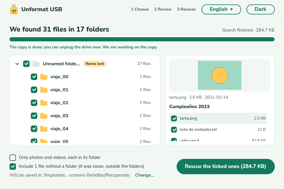 Unformat USB showing the folders it found on a formatted drive