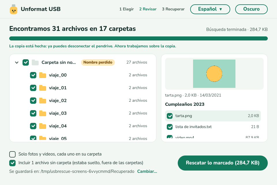 Unformat USB mostrando las carpetas encontradas en un pendrive formateado