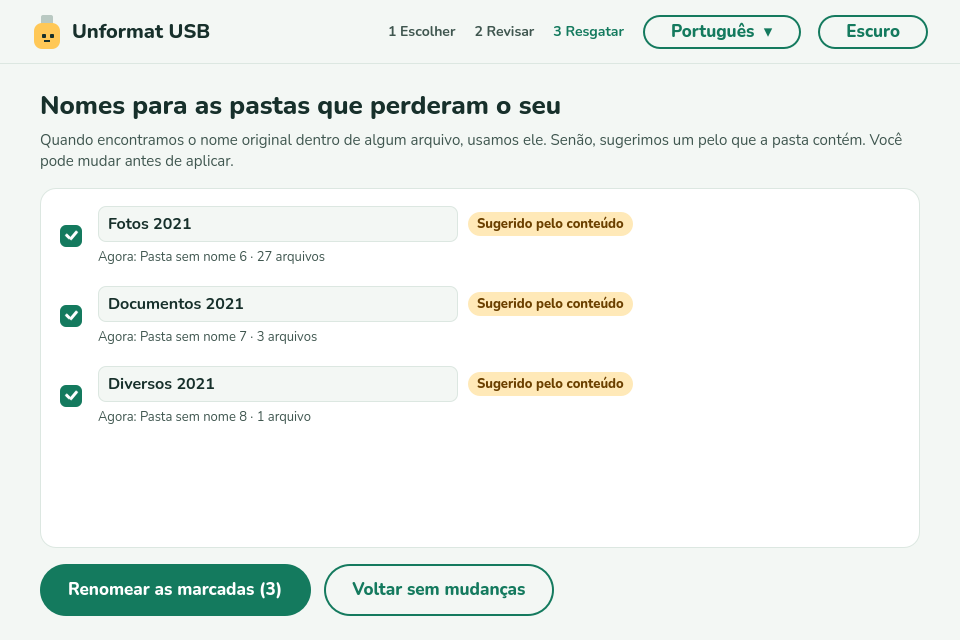 Nomes para pastas que perderam o seu